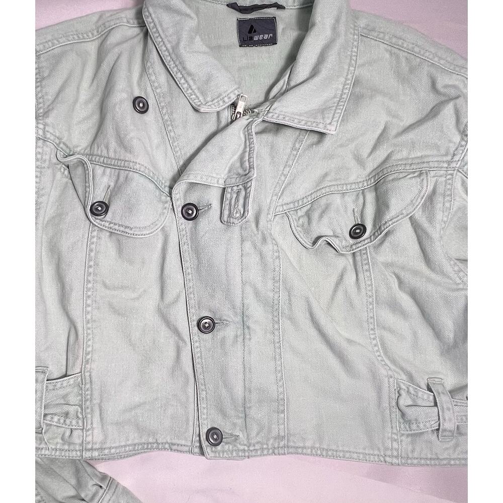 Vintage Liz wear Cropped Jean Jacket Mint Green Size Large Retro 90s Y2K